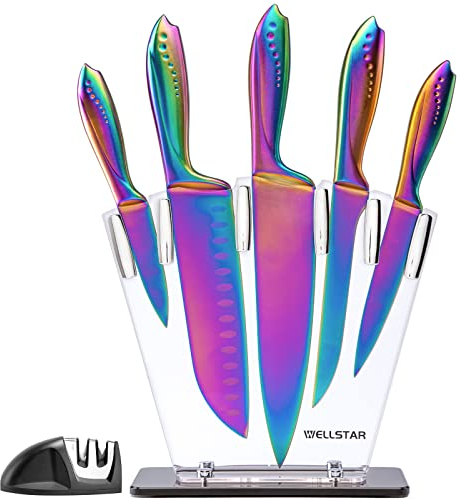WELLSTAR Messerblock, 7-tlg Messer Set, Titanbeschichtung Antihaft Beschichtung Messer, Kein Rost, Scharf Edelstahl Kochmesser Set mit Acryl Messerhalter für Küchen, Regenbogen Messer