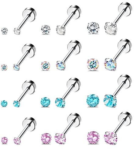 Kakonia 12 Paar 20G Edelstahl CZ Ohrstecker für Damen Herren Knorpel Helix Ohrstecker Set Runde Zirkonia Schraube Flat Back Ohrstecker Piercing