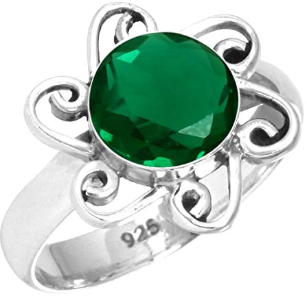 Jeweloporium Grüner Smaragd-Simulationssilberring Größe 50 (15,9), 925er Sterlingsilberring für Damen, runder Edelstein, handgefertigter Schmuck