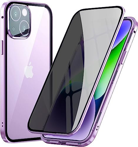 Privacy Case for IPhone 14 Plus,Anti-peep Built-in Tempered Glass Double-sided Case,Magnetic Adsorption Metal Bumper 360 Degree with One-piece Case-Purple…