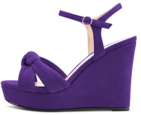 NobleOnly Donna Chunky Blocco Alto Zeppa Piattaforma Tacco Aperte sulla Punta Sandali Cinturino alla Caviglia Nodo Fiocco da Matrimonio Ufficio 10 CM Heels Viola Scamosciato 36 EU