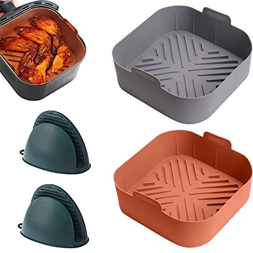 Molde Olla de Silicona para Freidora de Aire 21cm, 2 Piezas Cesta Silicona Freidora Aire Cuadrada con 2 Silicona Manopla Reutilizables Antiadherentes Bandeja Airfryer para Hornear Pasteles Microondas