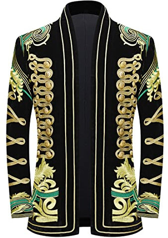 PYJTRL Herren Blazer/Anzugjacke mit goldfarbener Stickerei, Schwarz,Green Flower,M