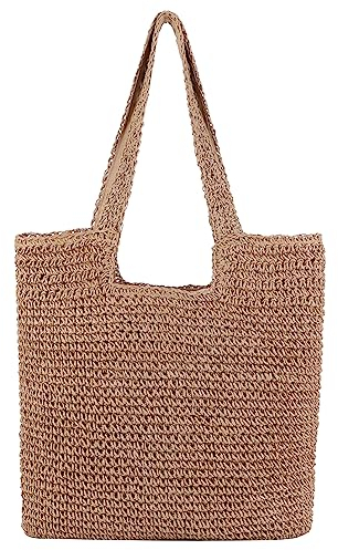 TIAASTAP Stroh Strandtasche für Damen, Summer Stroh Handtasche Schultertasche mit Reißverschluss, Strohtasche Geflochten Korbtasche Basttasche für Strand Reise Einkauf, Braun