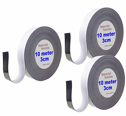 TUKA 30m x 30mm x 1mm Magnetband Wiederbeschreibbar, Kennzeichnungsband für Lagerkennzeichen, Whiteboard, Kühlschrank, Magnettafeln usw. Beschreibbar Abwichbar Zuschneidbar, 3x10m Weiß TKD9046