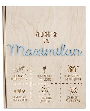 Personalisierte Zeugnismappe aus Birkenholz mit Acryl Namen - Individuelles Geschenk zur Einschulung - DIN A4 - Zeugnisringbuch Mädchen & Jungen - hellomini (Affirmation blau)