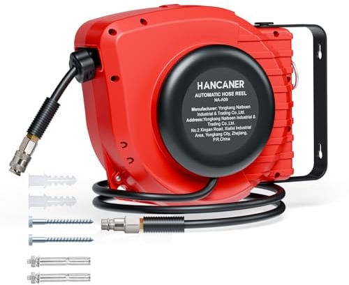 Hancaner Avvolgitubo Aria Compressa, 15 m + 1,5 m, Connettore 1/4,Girevole a 180°Staffa,Arrotolatore con Riavvolgitore Automatico e Auto-Stop per l'uso Industriale, Imprenditoriale o Domestico.