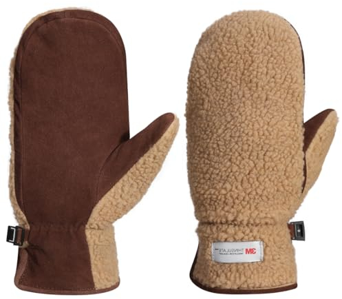 Harssidanzar Damen Winter Lederhandschuhe Outdoor Warm Fleece Thinsulate gefüttert Skifahren Fäustlinge SL020EU, Kamel/Dunkelbraun,Größe S