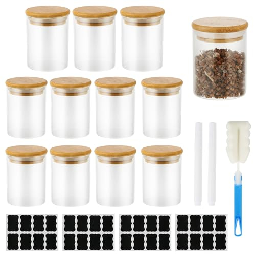Banaone 12pcs Botes Especias Cristal, 250ml Tarros Cristal con Tapa de Bambú Hermeticos, con Tapa Spice Jars incluir Cepillo Limpieza Etiquetas Bolígrafo, Tarros para Especias