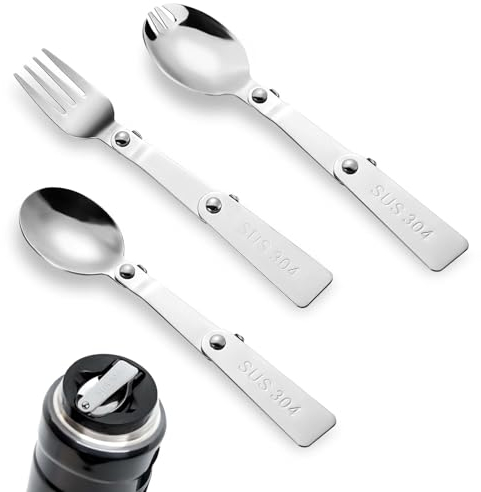 3pcs Folding Spoon and Fork for Thermos Funtainer Food Jar 16oz, Multi-Functional Stainless Steel Foldable Spoon Fork Replacement Portable Cutlery Set for Thermos Outdoors Picnic Camping