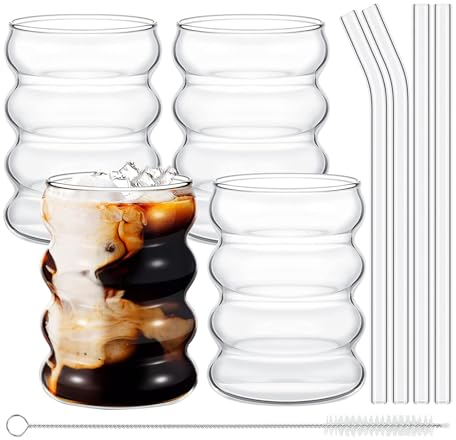 Weyying Juego de 4 Vasos Ondulados, Vasos de Vidrio de Burbujas, Vasos de Café Helado, Vasos de Burbujas, con Pajitas de Cristal y Cepillo, para Cóctel Bebidas, Batidos, Jugos, Cerveza (350ML)