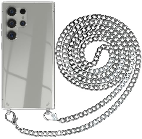 EAZY CASE Handykette kompatibel mit Samsung Galaxy S24 Ultra Handyhülle mit Metall Umhängeband und Ersatz Kordel schwarz, Handykordel mit Schutzhülle, Kette mit Smartphone Hülle, Metall – Silber