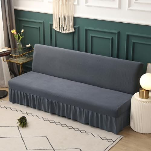 Sofabezug Ohne Armlehnen Beige/Grau 3/2 Sitzer Bettcouch Schonbezug Schutzhülle Rutschfest Stretch Futon-Sofa-Sitzbezüge Faltbar Schlafsofa Sofabettüberzug Ohne Armlehne mit Rock (190-220cm,Dark gray