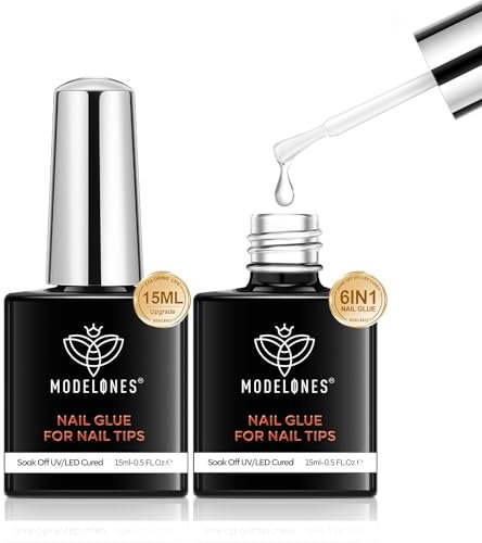 Modelones 2Pcs 6 in 1 Nail Glue Set - Base Coat, Brush On Gel, 15ml for Rhinestone, False Nails, Blooming Nail Art - U V Lamp Needed