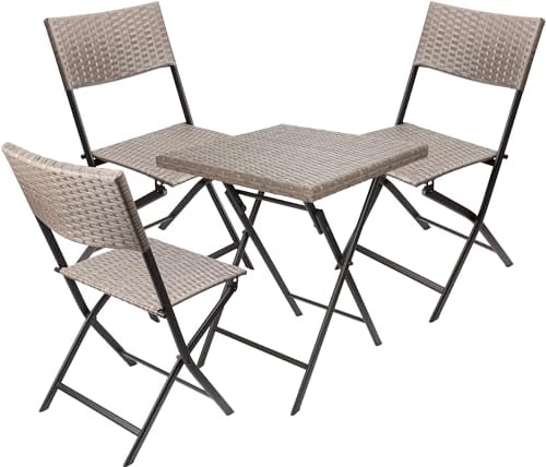 BRUBAKER Balkonset Toskana mit Tisch und 3 Stühlen - Wetterfest klappbar und platzsparend - Polyrattan Balkonmöbel Set - Sitzgruppe für Balkon Terrasse Garten - Bistroset Klappstühle Grau Braun