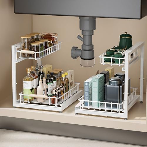 Gemsaya 2 Stück Metall Unter Waschbecken Regal, 2 Etagen Küche Schrank Organizer, Ausziehbares Lagerregal Organizer für Küche Bad, Weiß Mehrfunktional Küchenregal Gewürzregal Spülschrankregal
