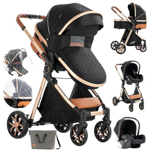 Aveainelle Kinderwagen 3 in 1, Faltbarer Kinderwagen Set, Bequemer Multifunktionaler Kombikinderwagen 3 in 1 Komplettset (V9 Black)