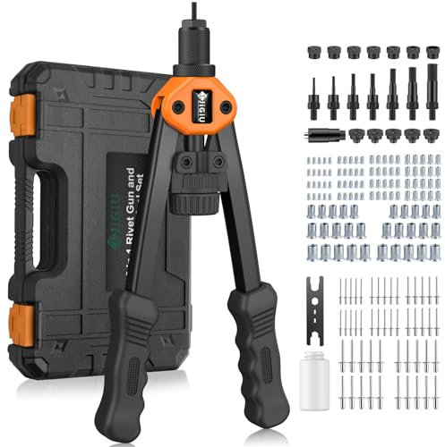 JiGiU Remachadora de Tuerca y Pistola de Remachador 2 en 1, Juego de Alicates para Remachar con M3 M4 M5 M6 M8 M10 M12 y 5 Cabezas Remachables 3.2 4.0 4.8 6.0 6.4mm con 110 Tuercas y 50 Remache-Orange
