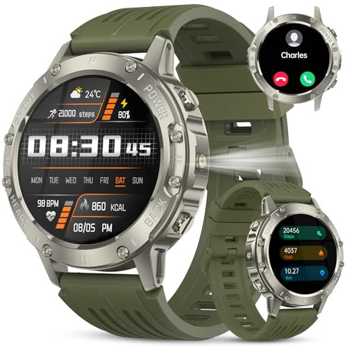 TIMU Reloj Inteligente Hombre Militar, 1.45 HD Smartwatch Hombre con Llamadas BT 5.3, 114+ Modos Deportivos, 24/7 Monitor de Sueño/Podómetro/Pulsómetro,(Verde)
