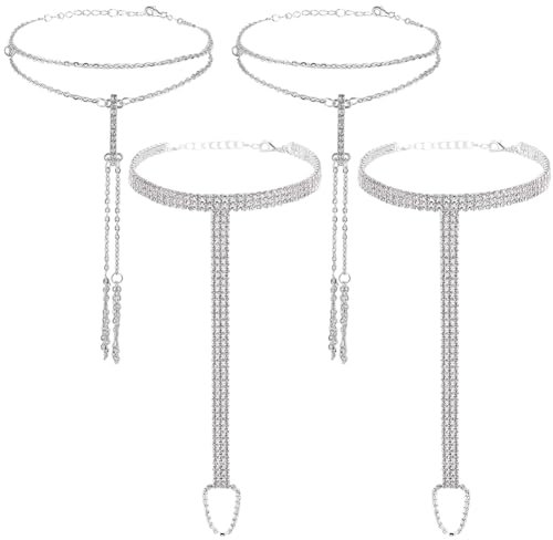 CABODYALS 4Pcs 2 Styles Barefoot Sandals Anklet Chain Foot Jewellery Womens Alloy Boho Silver Rhinestone Crystal Summer Beach Anklets Bracelet with Toe Ring for Women Wedding Party Accessories