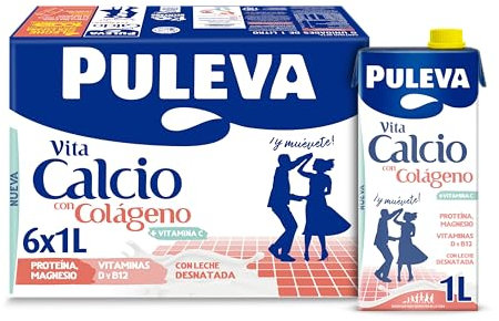 Puleva - Vita Calcio, Leche Desnatada con Colágeno, Con Vitaminas C, B12, Calcio y Magnesio, Ayuda a Huesos, Músculos y Articulaciones - Pack 6x1L