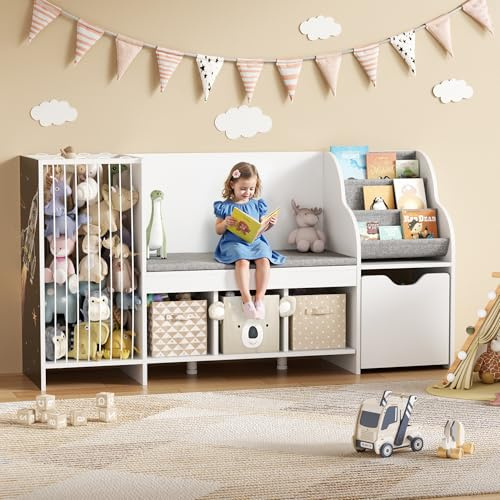 DTK Kids Reading Nook with Bench,Toy Storage Organizer with Stuffed Animals Holder,Kids Bookshelf with Seat Cushion,3 Storage Cubbies and Toy Box on Wheels for Playroom,Bedroom,Nursery,White
