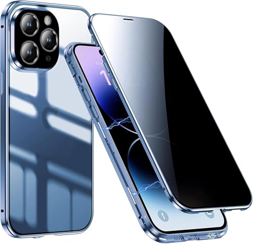 Privacy Case for iPhone 12 Pro Max,360° Full Body Protective Magnetic Phone Case With Anti Peep Screen Protector Front and Back Tempered Glass Metal Bumper Built-in Camera Lens Cover,Blue