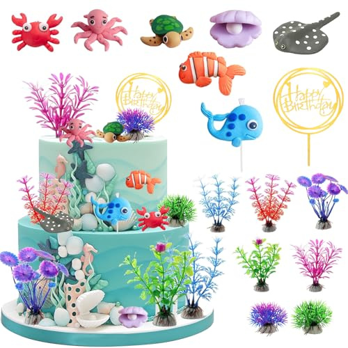 Meerestiere Torten Deko, 15pcs Kuchen Topper Meerestiere, Meer Torten Deko, Geeignet für die Dekoration von Baby-Tauf-Geburtstagspartys mit Unterwasserthema