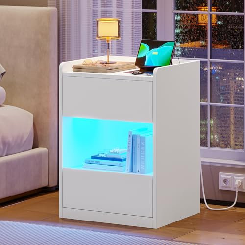 AOGLLATI Nachttisch mit LED-Beleuchtung und Ladestation, Nachtschrank mit 2 Schubladen und 1 Fach Beistelltisch mit Steckdosen Sofatisch für Schlafzimmer, Wohnzimmer 40x35x60cm (1, Weiß)