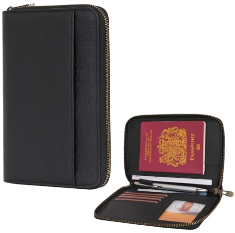 WASON Leder Reisepass Brieftasche mit Reißverschluss RFID Blocker Schutzhülle, Passport Etui mit Fächern für Karten, Bargeld, Ausweis, Bordkarte und Tickets für Reisen (Schwarz)