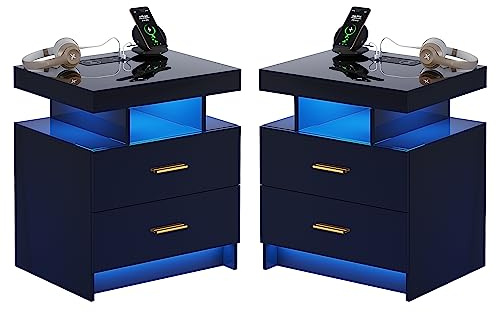 Gurexl Smart Nachttisch 2er Set,Beistelltisch mit Ladefunktion und LED,schubladenschrank mit 24-farbigen RGB-Lichtern,kommode mit Glasplatte,Nachtkommode mit 1 offene Fächer, für Schlafzimmer，Schwarz