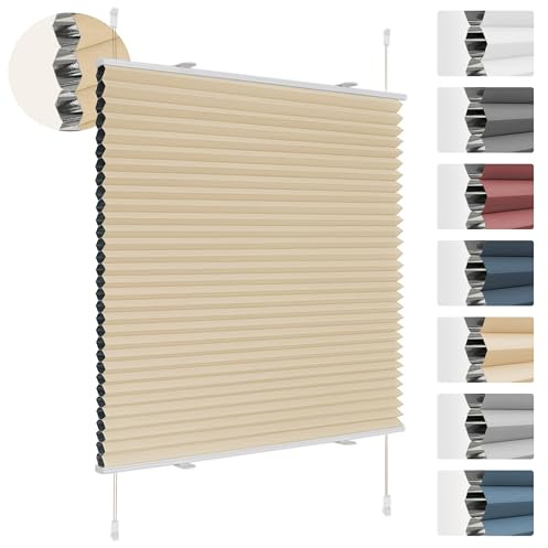 Plissee Verdunklung Klemmfix Wabenplissee B85 x H130 cm Beige Thermoplissee ohne Bohren Faltrollo für Fenster & Tür, 100% Blickdicht, Sicht- & Schallschutz Wärmehaltung Verdunklungsplissee