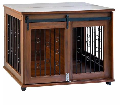 Wooden Dog Crate, Furniture Style, Adjustable Space, Dog Crate with Wheels, Sofa Side Table, Sliding Barn Door + Removable Divider for Small/Medium/Large Dogs