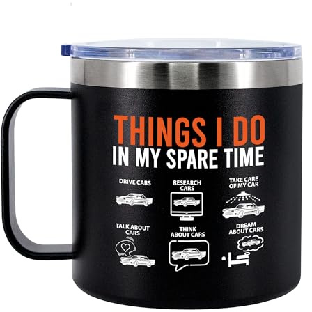 Panvola Things I Do In My Spare Time Car Lover Mug 14oz Black | Sarcastic Gift Humor Gifts Insulated Coffee Mug with Handle and Lid Camping Travel Thermal Mugs