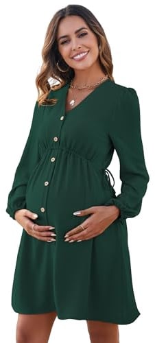 YesFashion Abito premaman da donna, a maniche corte, per allattamento, elegante scollo a V, con bottoni