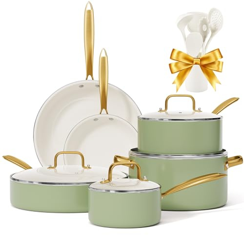 RIOVARM Induction Set de casseroles et poêles avec couvercles, Céramique antiadhésif Batterie de cuisine, Set d'essentiels de cuisine Poêle à frire Sauteuse Poêle à sauce Spatules