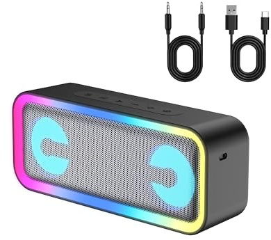 IKT Bluetooth Lautsprecher mit Licht, Musikbox Bluetooth 5.4, 30W Stereo Bass Boost, IPX7 Wasserdicht, 7 RGB Lichtmodi, 16h Spielzeit, Party-Lautsprecher für Innen & Outdoor, TWS, AUX, TF-Karte, Grau