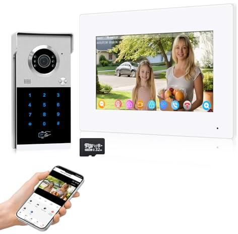 QttyElok WLAN IP Video Türsprechanlage Intercom-System, 1080P HD Videokamera Türklingel mit Monitor, 7-Zoll-Touchscreen, Nachtsicht, Bewegungserkennung, RFID-Karte/Passwort/APP Entsperren