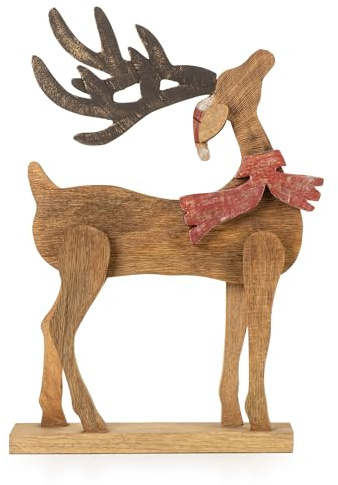 Moritz Weihnachtsdeko Holz Rentier Figur 55,5 cm handgefertigte Holzfigur aus Mangoholz mit rotem Schal und Weihnachtsmütze winterliche Dekoration für Wohnzimmer Fensterbank oder Kamin