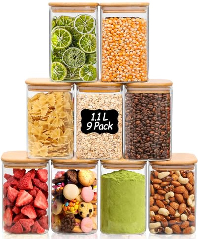 ComSaf Bocaux en verre avec couvercles 1,1 L, lot de 9 pour la cuisine | Rangement cuisine, Couvercles en bambou, Pois chiches, Cacao en poudre, Petits biscuits, Verre borosilicaté