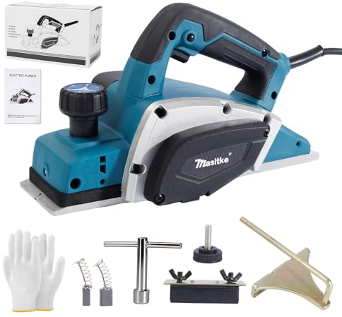 3-1/4 Inch Electric Hand Planer, 16000RPM Power Handheld Planer Adjustable 0-2mm Cutting Depth, Edge Guide & V-Groove Wood Planer for Woodworking Construction DIY