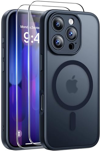 FLLAO for iPhone 16 Pro Max Case, Magnetic Bumper Case with 2X HD Screen Protector, Full Camera Protection, Military-Grade Shockproof, Slim Translucent Matte Cover, Black