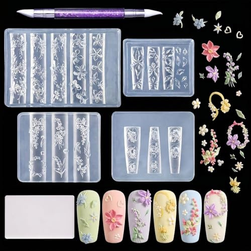 Zosutetoxo Nails Mold, 4 Piece Nail Stamp Nail Design Set with 3D Gel Nail Art Silicone Mold Flowers, Stamping Templates for Nails