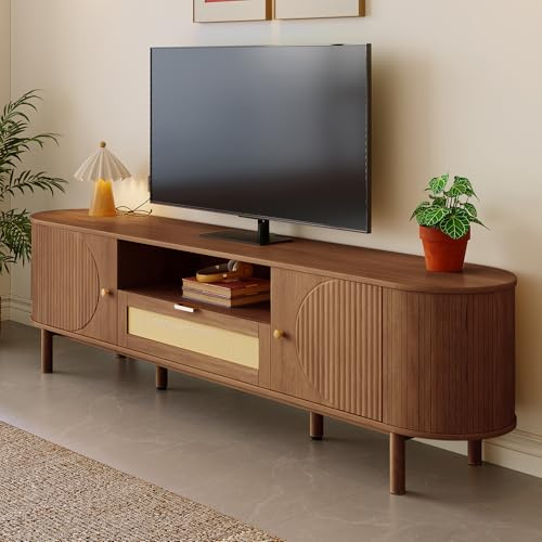 Yihomfy Meuble TV Ovale, 175×36×51 cm Table Television Salon, Banc de TV, avec 2 Portes et 2 Tiroir, Compartiment Ouvert, Rotin, Style Cottage Naturel, pour Salon/Chambre à Coucher (Noyer)