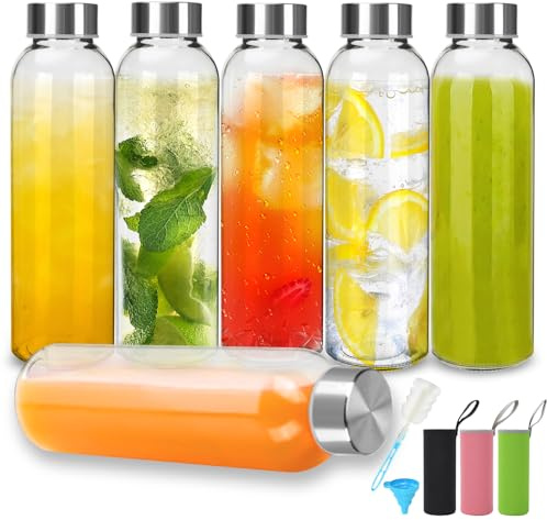 TEGOVE Glasflaschen mit Deckel-6 Stück 500 ml Glas-Wasserflasche– Durchsichtiges Auslaufsicheres Trinkflasche Glas Set zum Entsaften, für Heiße & Kalte Getränke & Smoothies