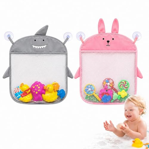 2 Piezas Bolsa de Juguetes de Baño, Filet Jouet Bain Ventouse, Red para Colgar Accesorios de Ducha, Rangement Jouets de Plage, Red de Almacenamiento para la Bañera, Bolsa Juguetes Bañera, 4 Ventosas