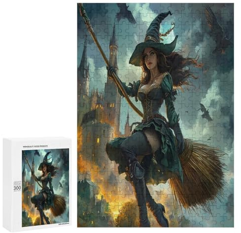 Witch Flying with A Broomstick Jigsaw Puzzles 300 PCS Puzzle for Adults Wooden Art Puzzles for Men Women Gifts