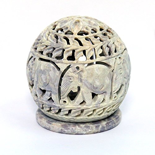 Stylla London® Speckstein Votiv-Teelichthalter mit Elefantenfiguren und Ranken, seitlich geschnitzt, Rosette auf der Oberseite, 10,2 x 89,9 cm