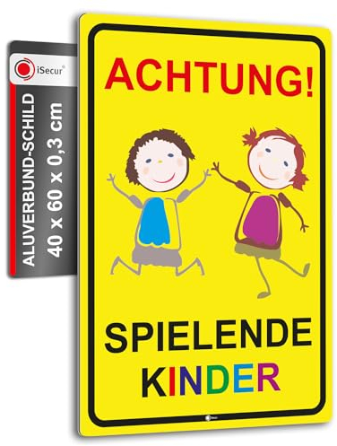iSecur XXL Warnschild I Achtung Spielende-Kinder I Aluverbund-Schild I 40 x 60 cm groß I 3 mm Stark I Wetterfestes Hinweisschild I hin399