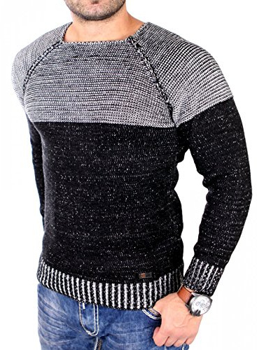 Reslad Strickpullover Herren Two Tone Rundhals Pullover Grobstrick RS-16081